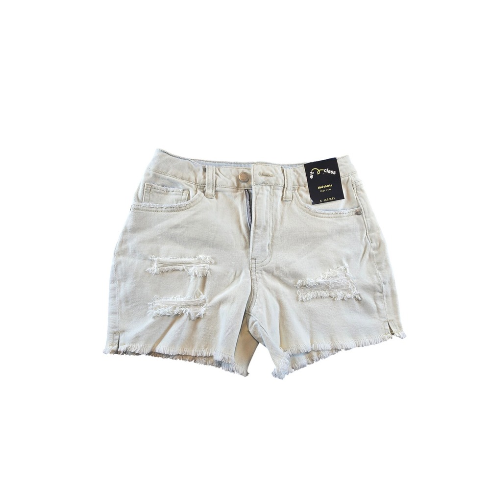 Art Class Girls High Rise Dad Shorts Cream Distressed Denim Size L 10/12 NEW